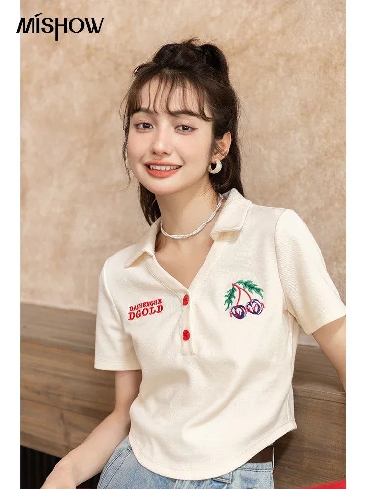 Mishow Korean Polo Collar Embroidery Letter Tee MXB32T0477
