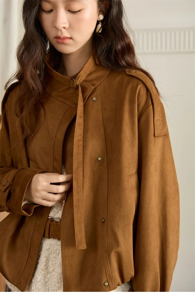 MISHOW Vintage Suede Short Jacket Brown Lapel Zipper MXE45W0869