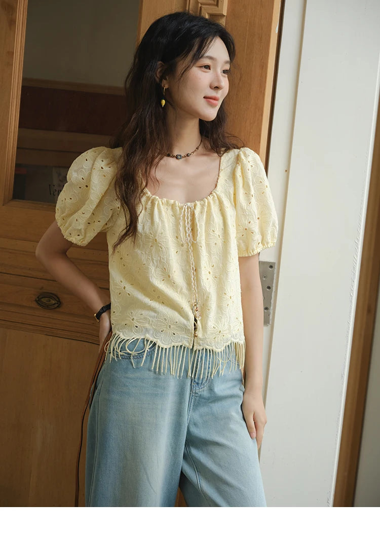 MISHOW Hollow Out Blouse Embroidery Puff Sleeve Square Collar Tassel MXE37X1851
