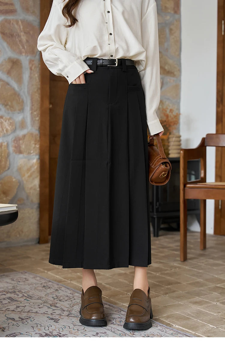 MISHOW Pleated Midi Skirt A-LINE Pockets Split Back Hem MXC42B0118