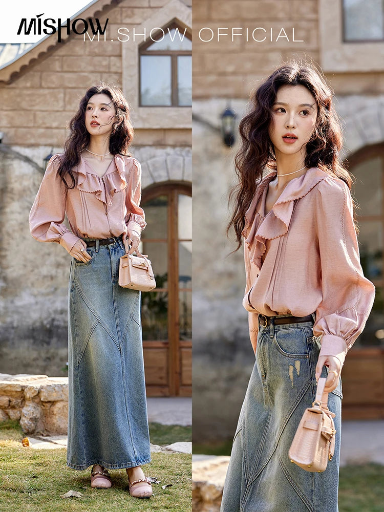 MISHOW Lotus Leaf Collar Shirt Bubble Sleeves Pink Chiffon MXE12X1702