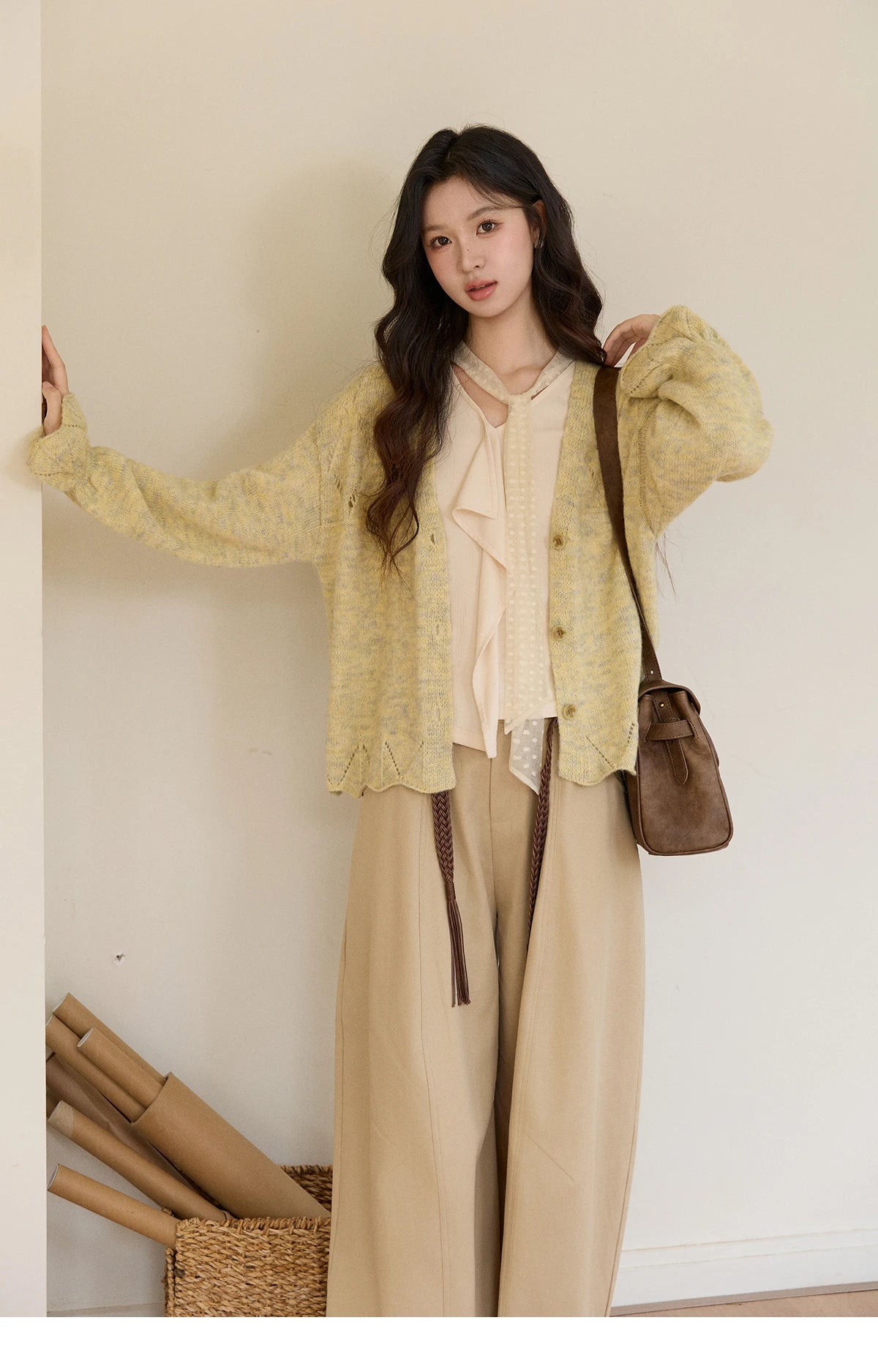 MISHOW Khaki Wide Leg Pants High Waist Belted Rear Pocket MXF13K1237