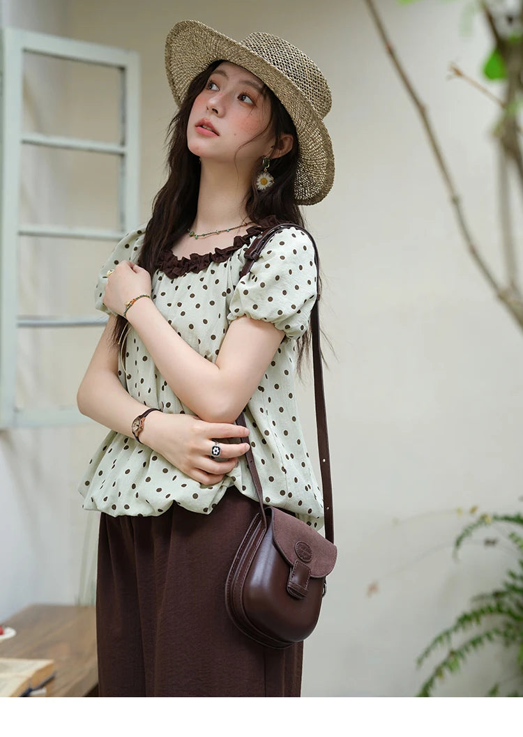 Mishow Polka Dot Puff Sleeve Top & Wide Leg Pants Set MXE39T0657