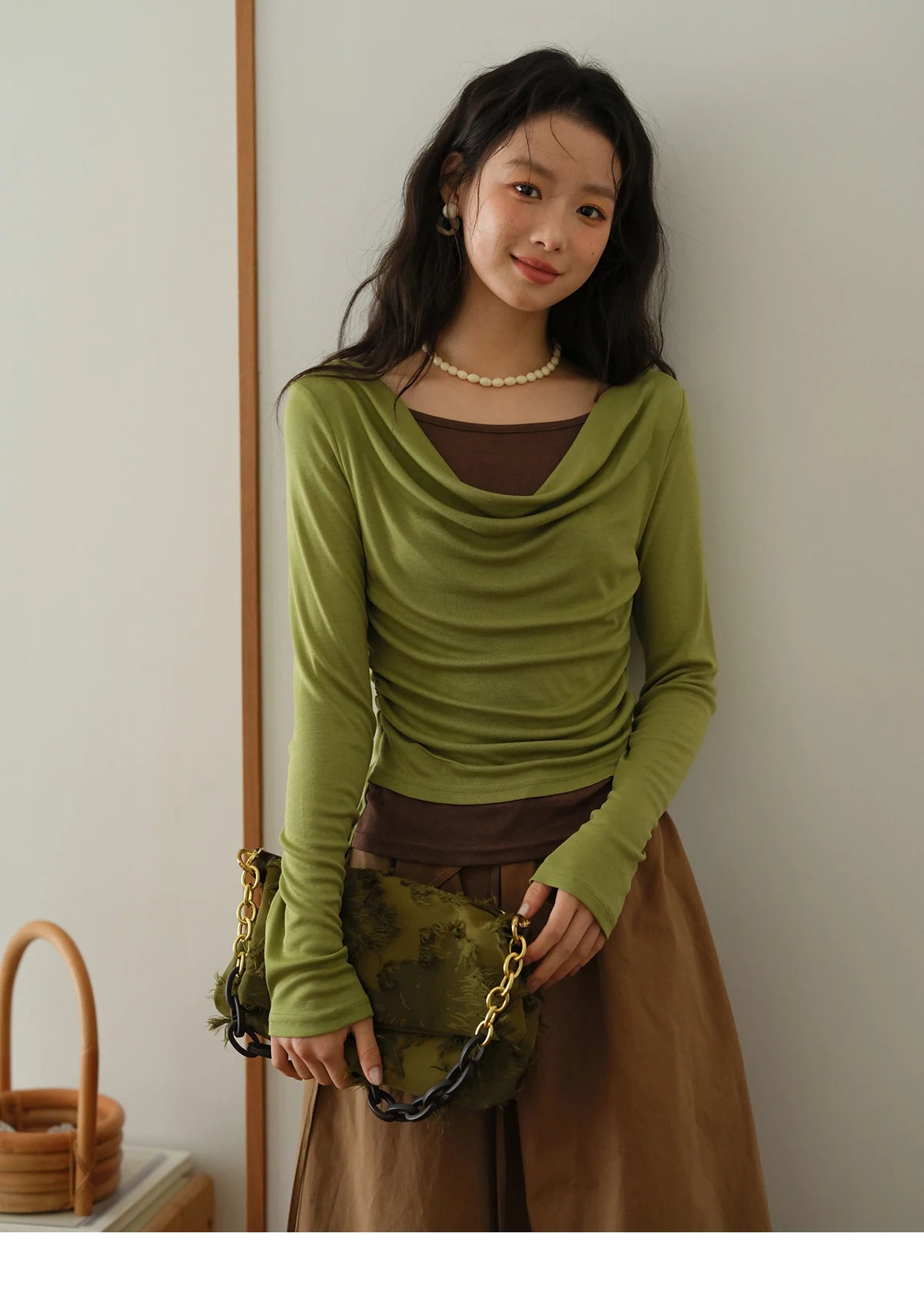 MISHOW Brown Cotton Bud Skirt Elastic Drawstring High Waist Pocket MXE41B2367