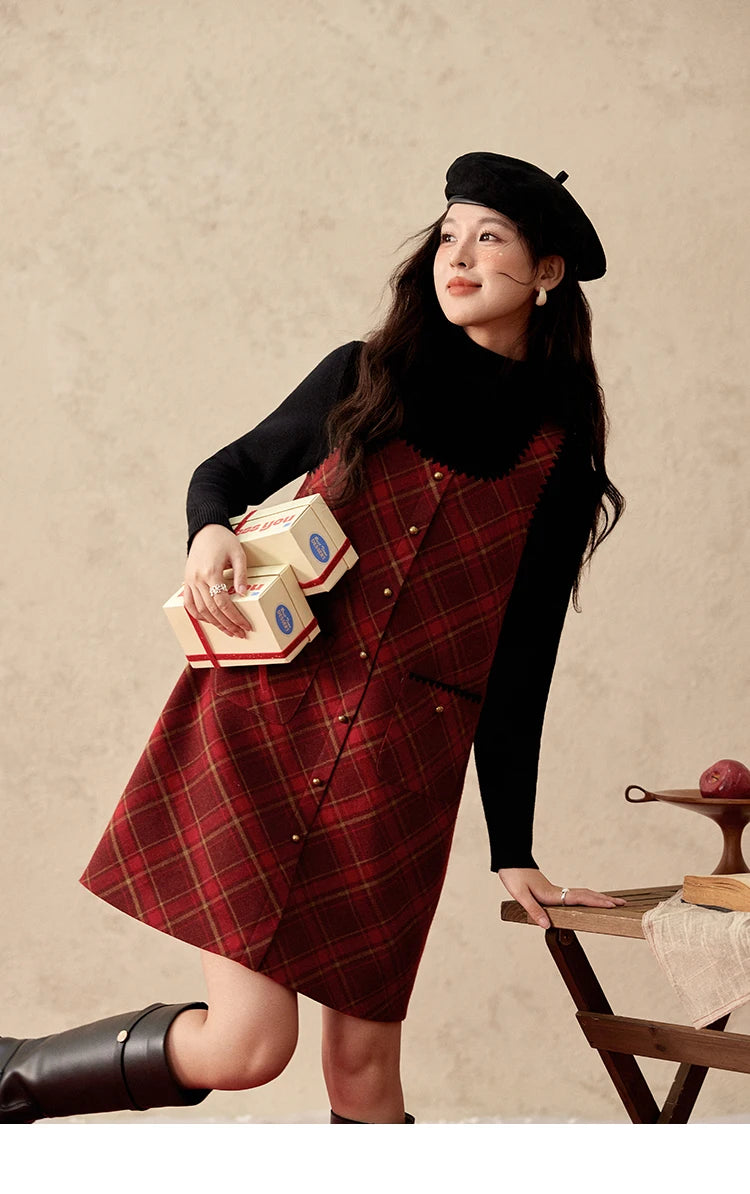 Mishow Plaid Square Neck Woolen Vest Dress MXD58L2078