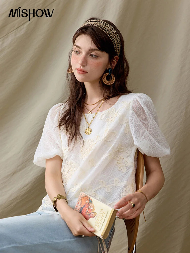 MISHOW Short Puff Sleeve Blouse Round Neck Jacquard MXE32X1772