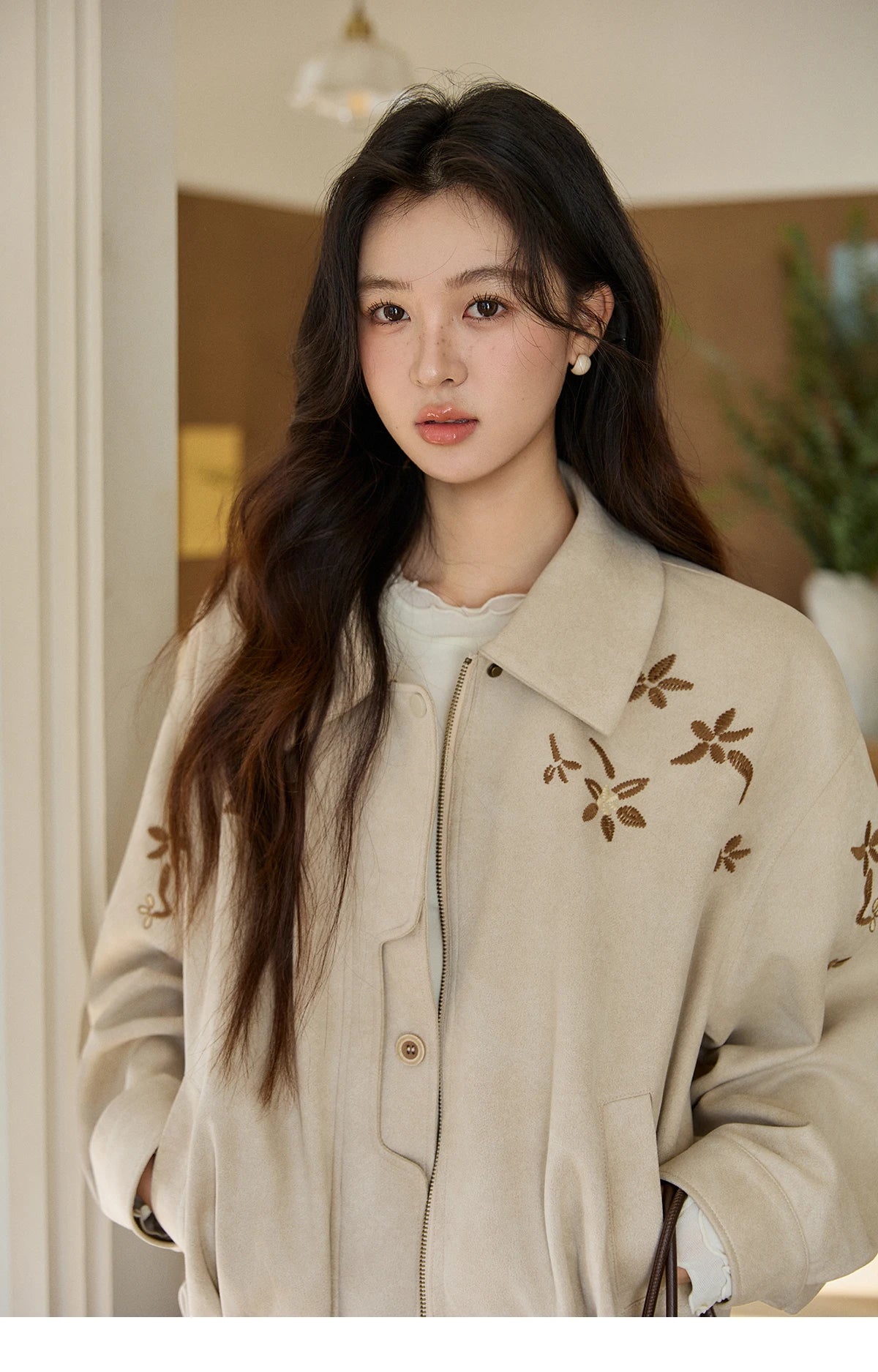 MISHOW Imitation Suede Jacket Floral Embroidery Lapel Zipper MXF11W1027