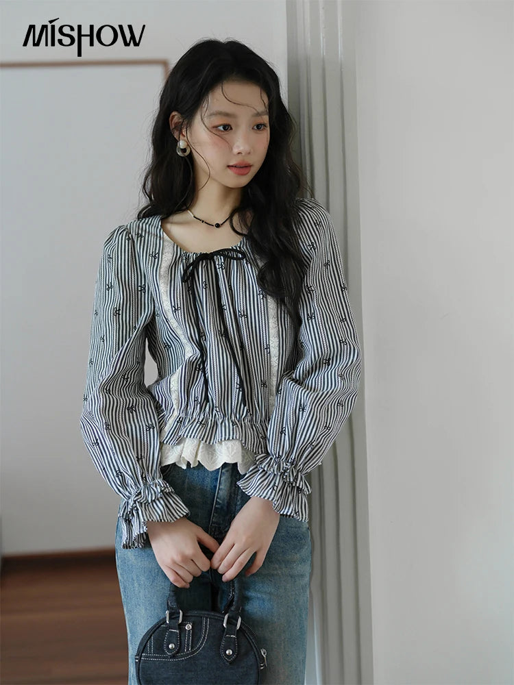 MISHOW Black Striped Blouse Lace-Up Bow Round Collar MXE41X1948