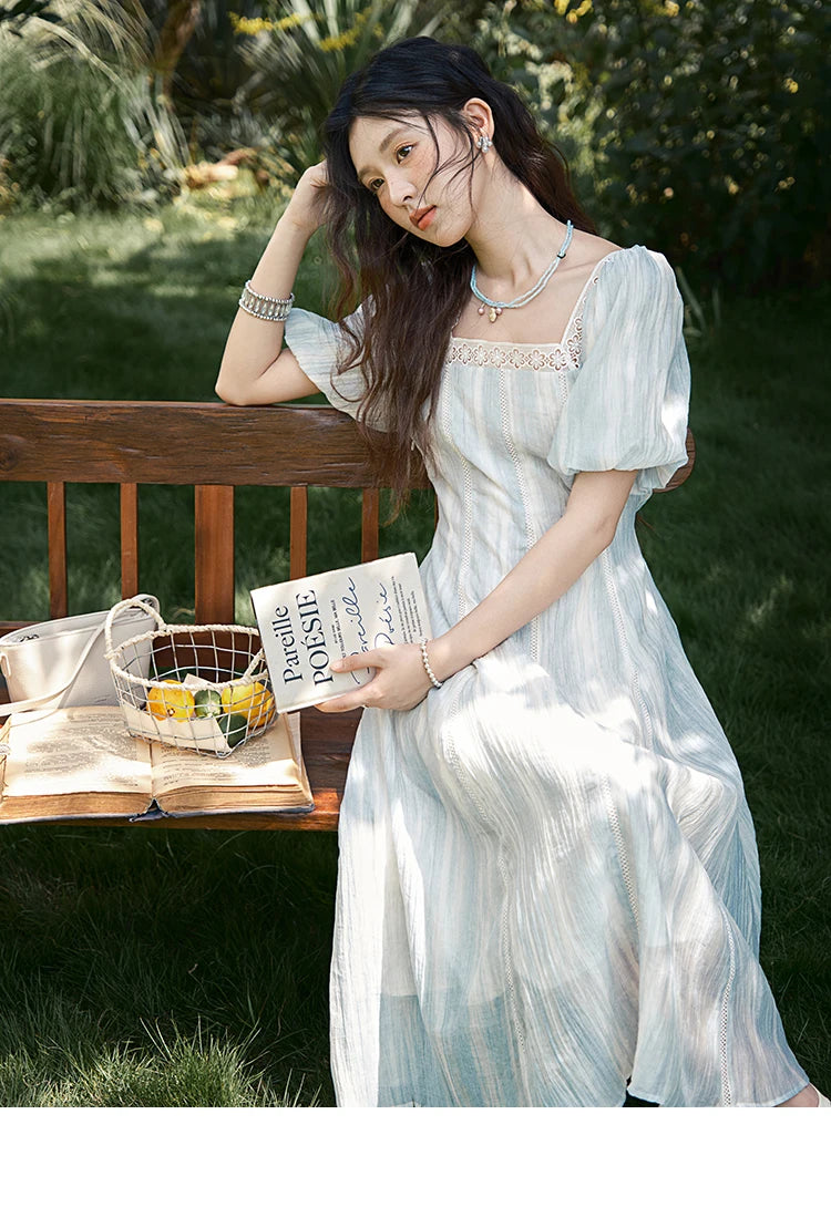 Mishow Striped Square Neck Lace Hollow Dress MXE39L2403