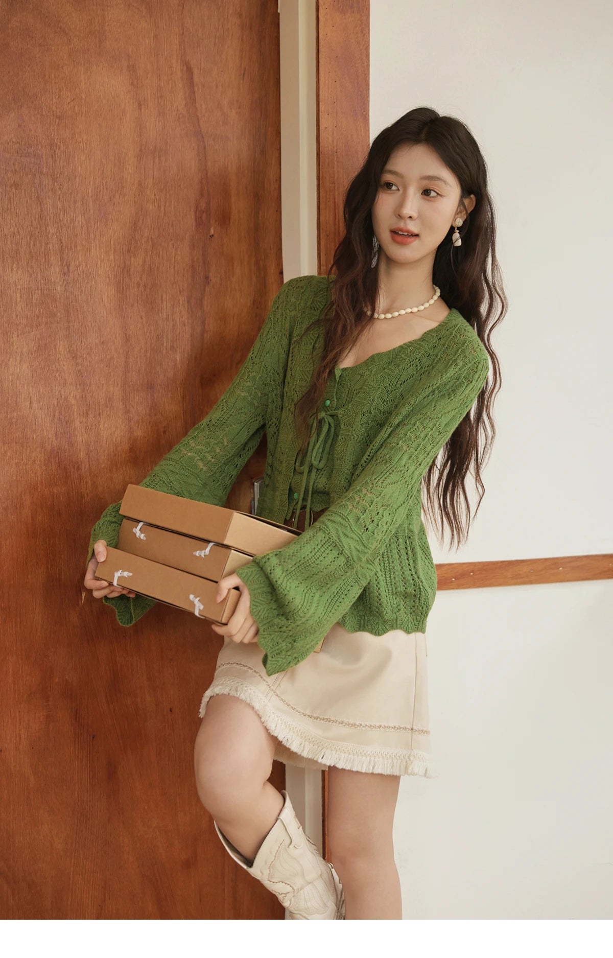 Mishow Flared Sleeve Lace-Up Cardigan & Camisole Set MXE42T0717
