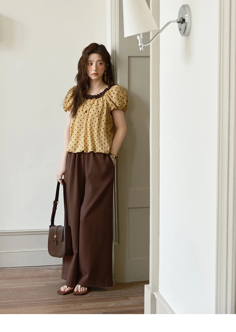 Mishow Polka Dot Puff Sleeve Top & Wide Leg Pants Set MXE39T0657