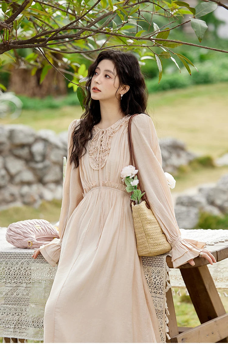 Mishow Pink Fungus Edge V-Neck Lace-Up Dress MXE11L2087