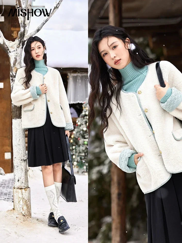 Mishow Lamb Wool Cuff Lace Metal Button Jacket MXD58W0740