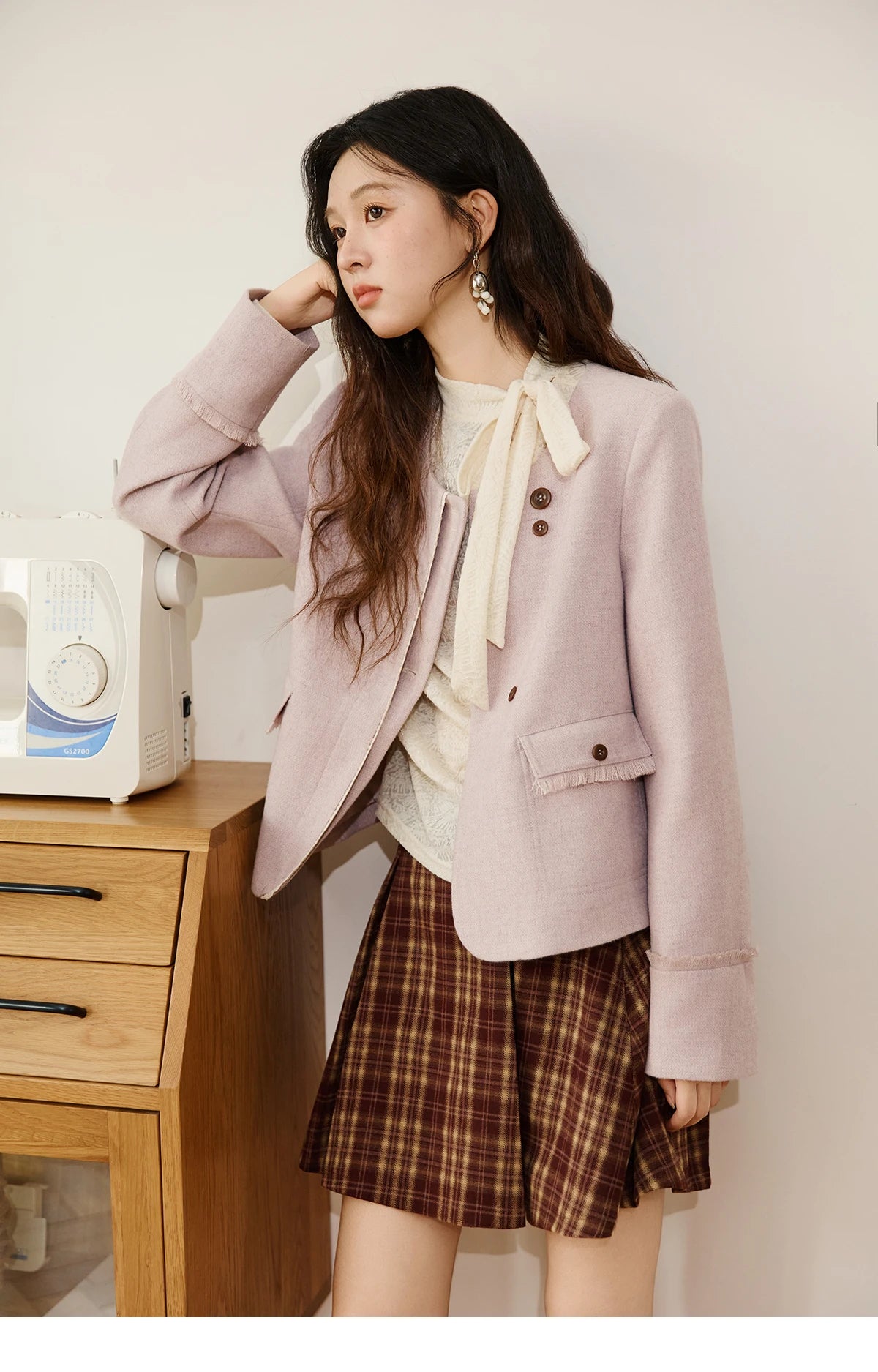 MISHOW Purple Woolen Coat Slanted Placket Splicing Lace Shoulder Pads MXE47W0840