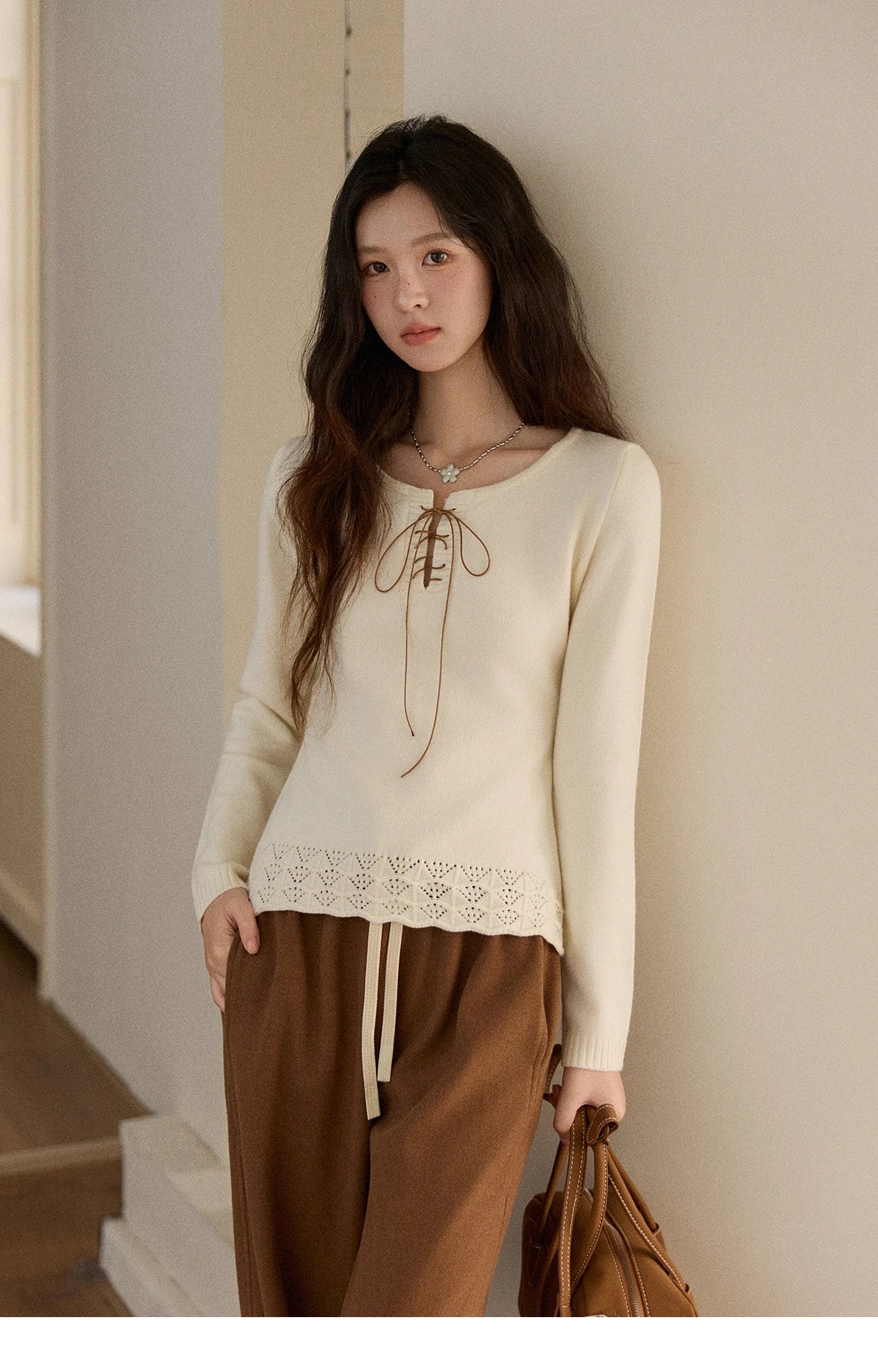 Mishow Beige Contrast French Hem Crochet Sweater MXE89Z2634