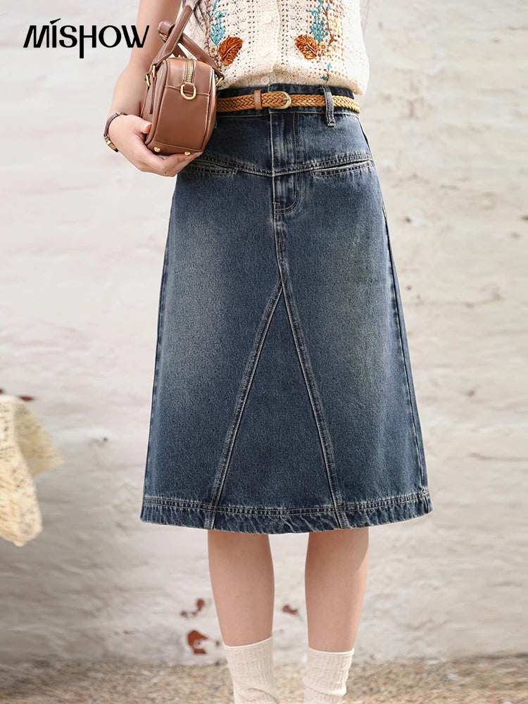 MISHOW Denim Fishtail Skirt Love Embroidered Pockets A-Line MXD28B0414
