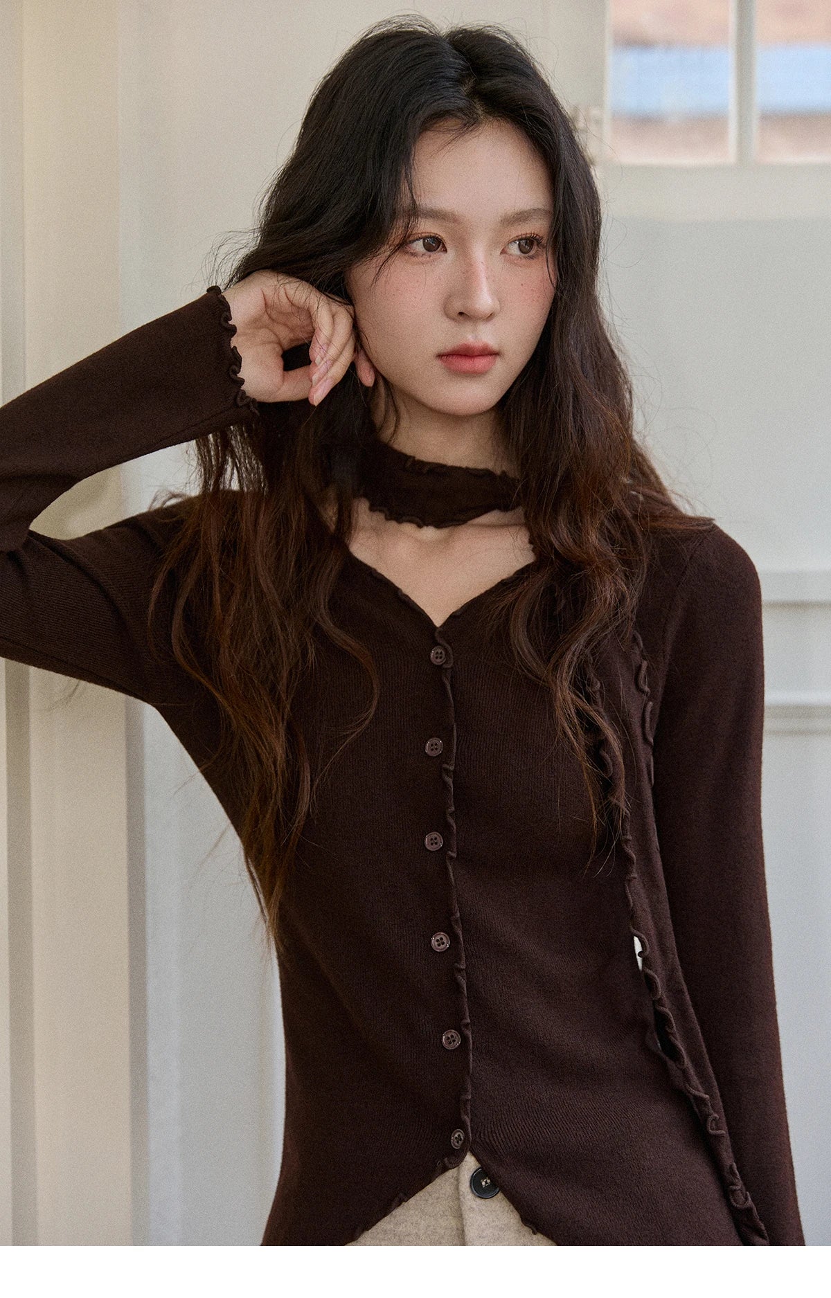 Mishow Ruffled Edge V-Neck Ribbon Knit Pullover MXE86Z2728