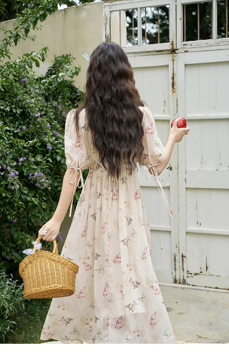 Mishow Butterfly Print V-Neck Lace-Up Bubble Sleeve Dress MXD15L1778