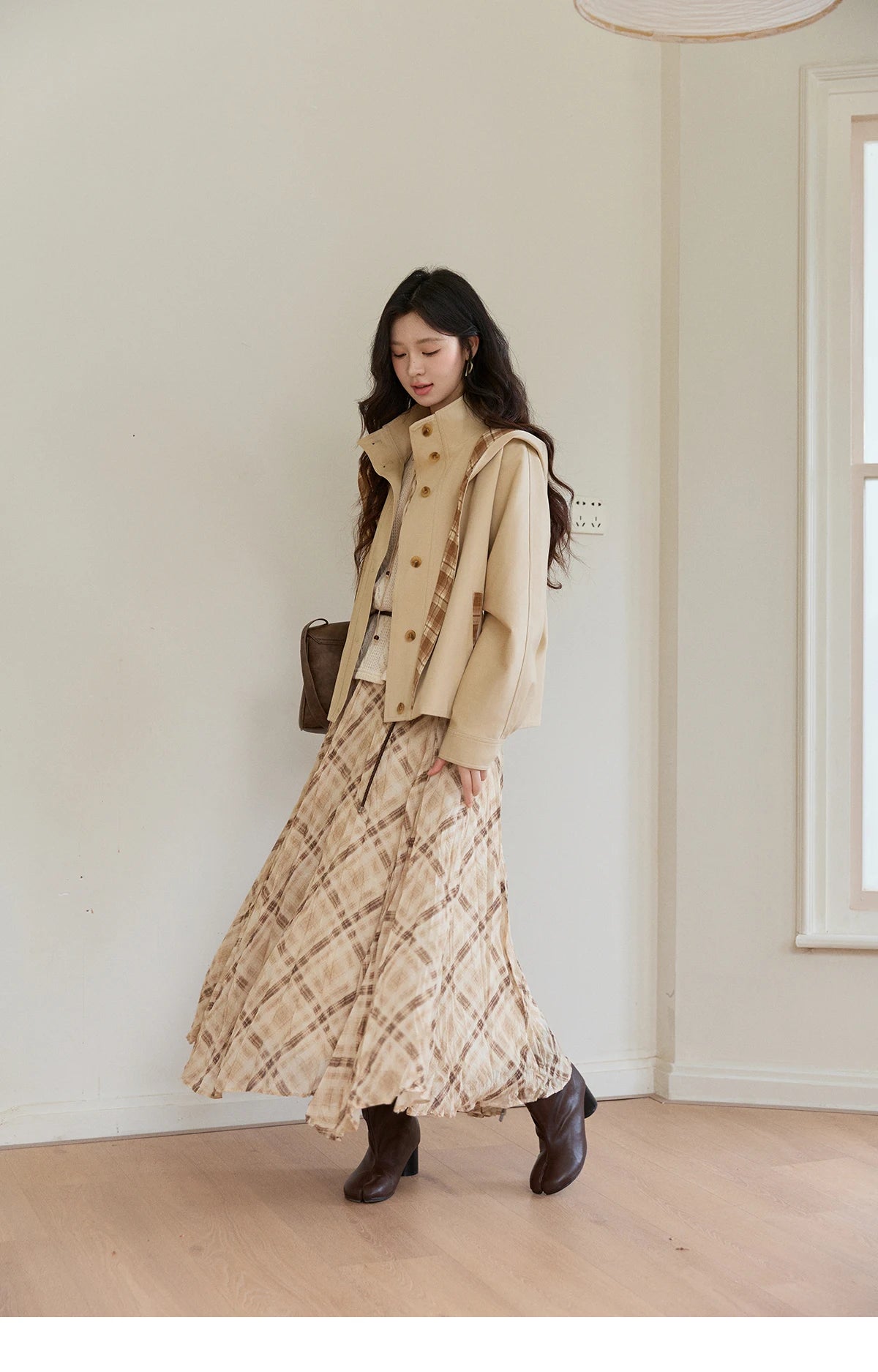 MISHOW Beige Plaid Maxi Skirt High Waist Flowy Elastic MXF108B0769