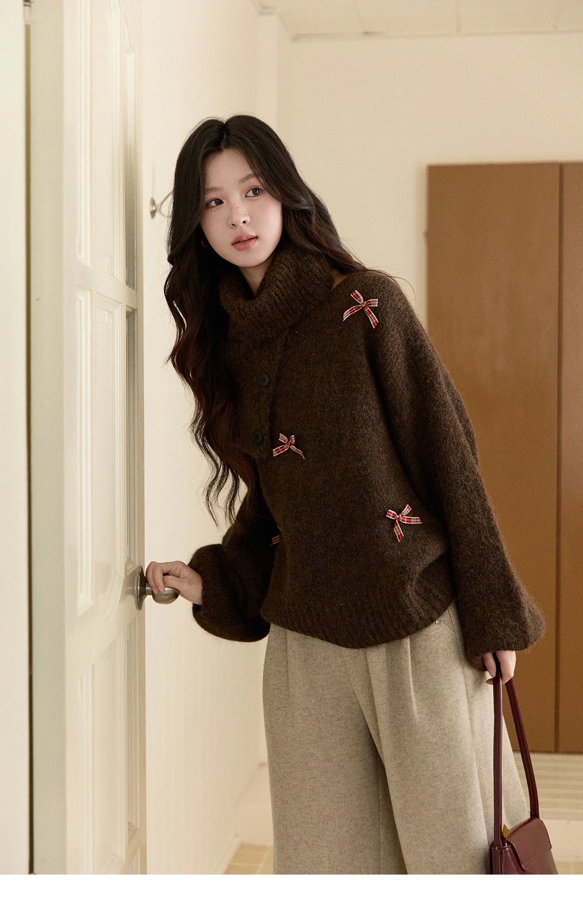 Mishow French Plaid Bow Detachable Shawl Collar Sweater MXE93Z2946