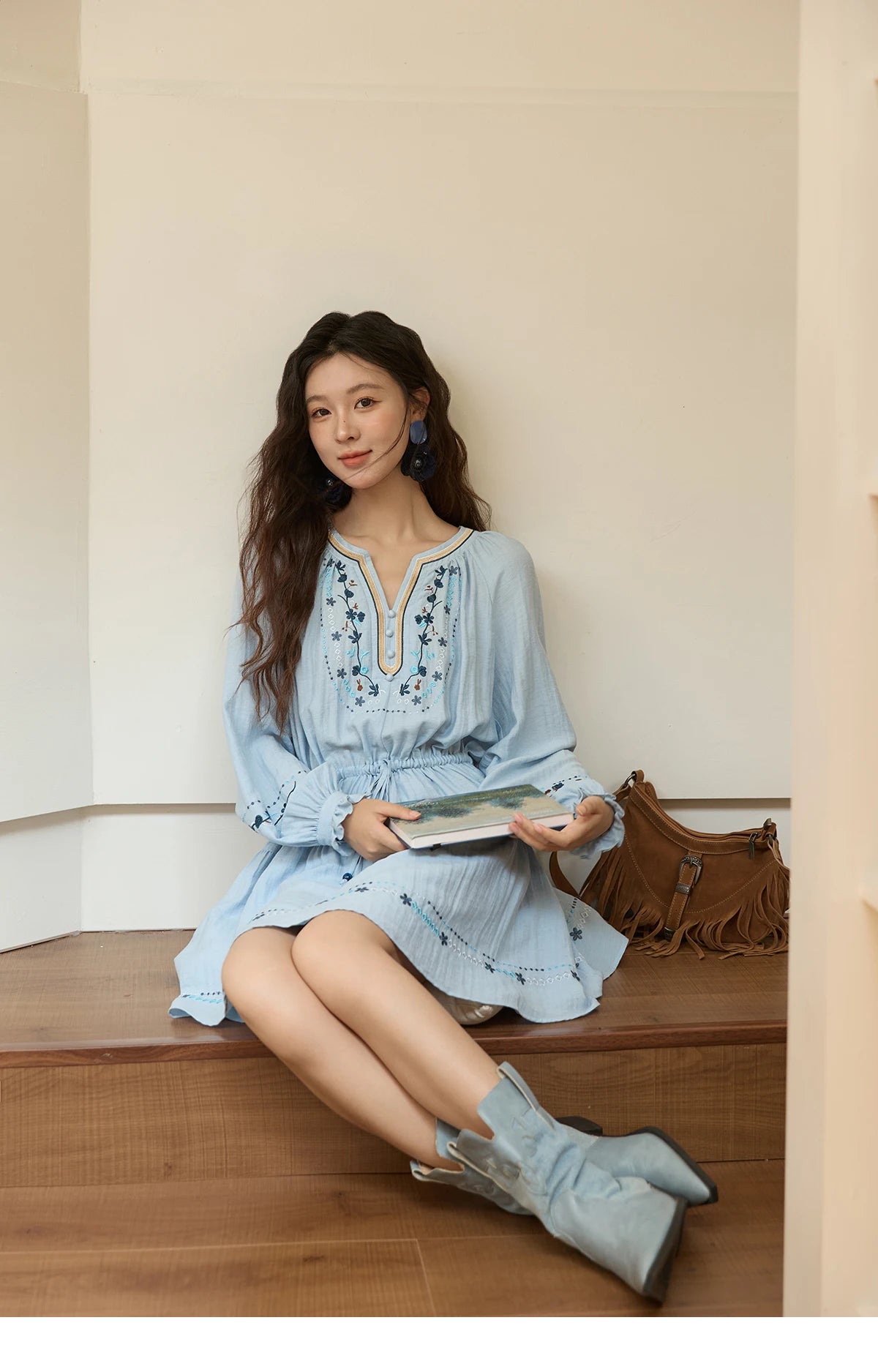 Mishow V-Neck Embroidered Drawstring Bohemian Dress MXE44L2489