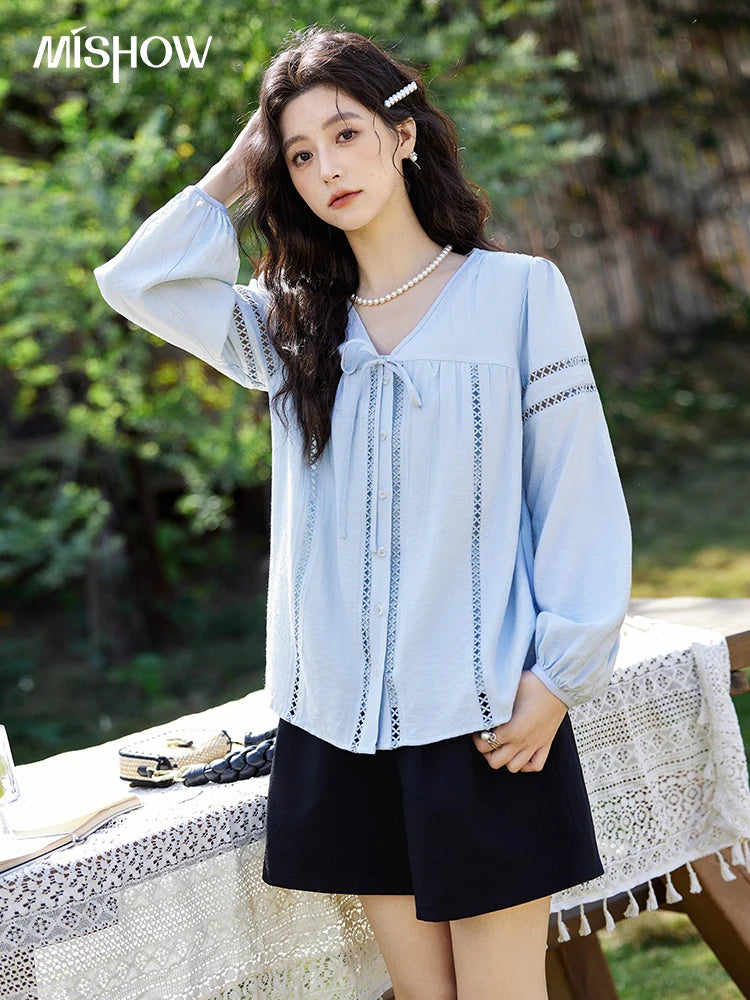 MISHOW Blue V-Neck Shirt Lace-Up Hollow Lantern Sleeve MXE12C0411