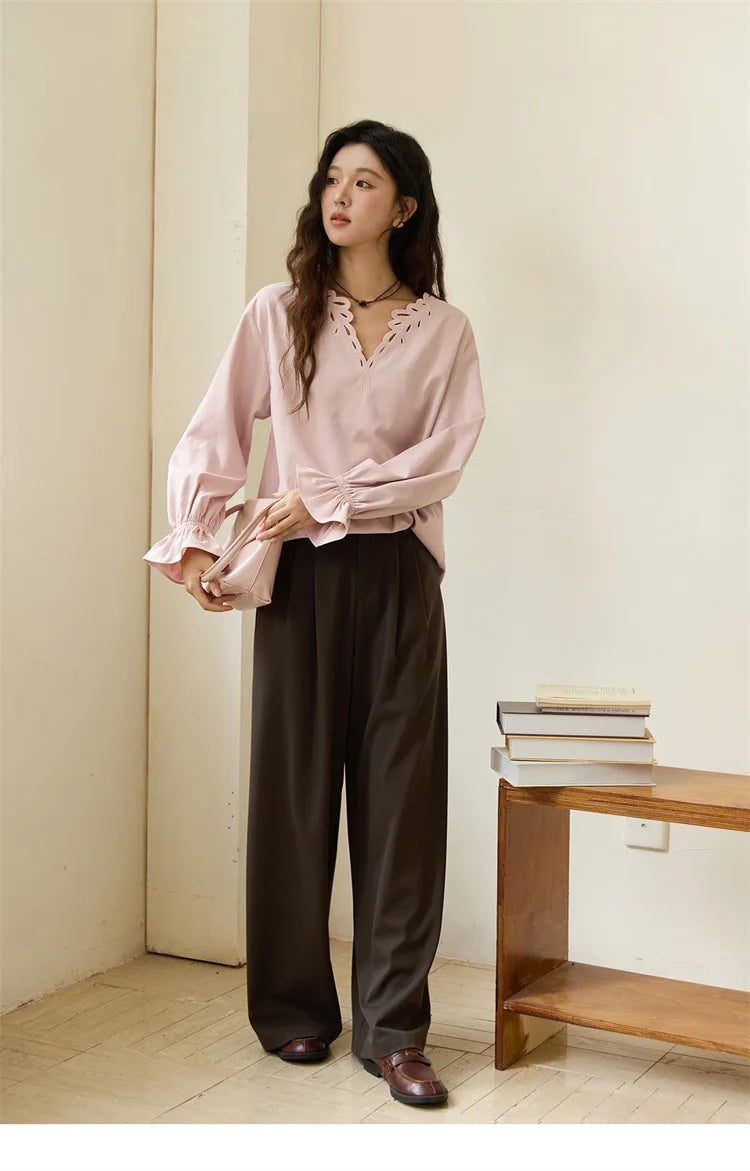 MISHOW French Style Hollow Out V-Neck Pink Blouse Long Sleeves MXE48X2502