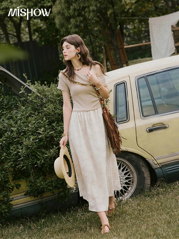 Mishow Off-Shoulder Knitted Patchwork Midi Dress MXE33L2207