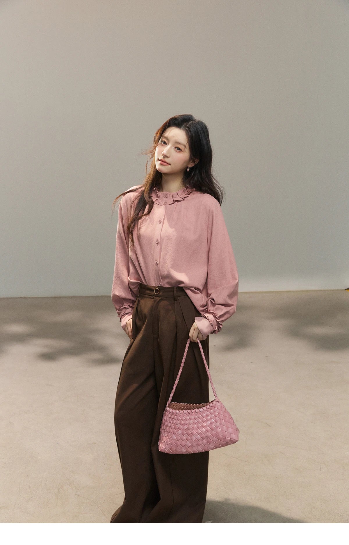 MISHOW Peach Skin Solid Shirt Ruffled Crew Neck MXF11C2431