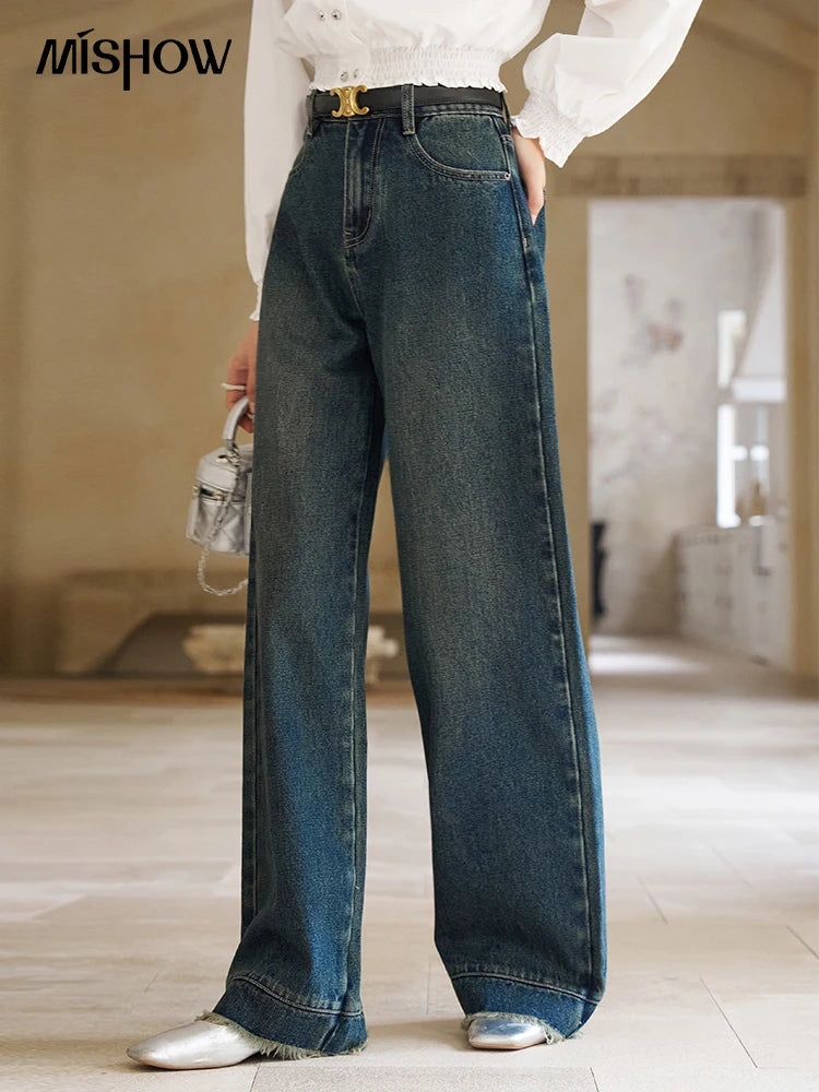 Mishow American Retro Wide Leg Jeans with Tassel Hem MXD12K0538