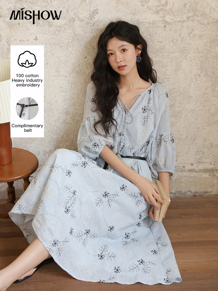 MISHOW Blue Flower Embroidered Lantern Sleeve Dress MXE42L2493