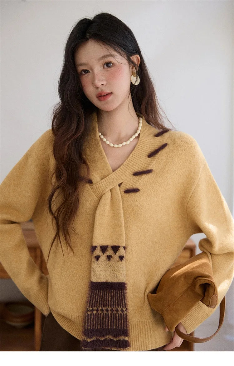 Mishow Yellow V-Neck French Workwear Pullover MXE87Z2771