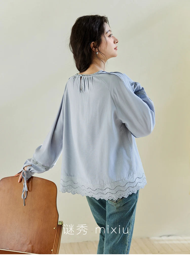 MISHOW Blue Lace Patchwork Shirt Wave Edge Lantern Sleeve MXE14X1716