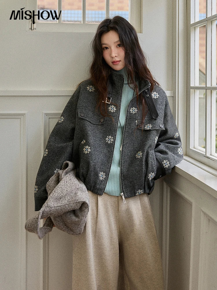 MISHOW Wool Blend Jacket Small Flower Embroidery Turtleneck Zipper MXE86W0906