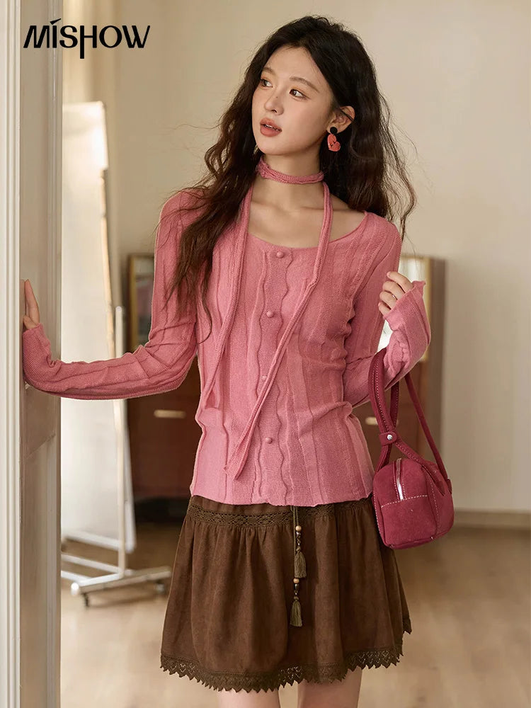Mishow French Slim Scoop Neck Draped Tie Pullover MXE42Z1322