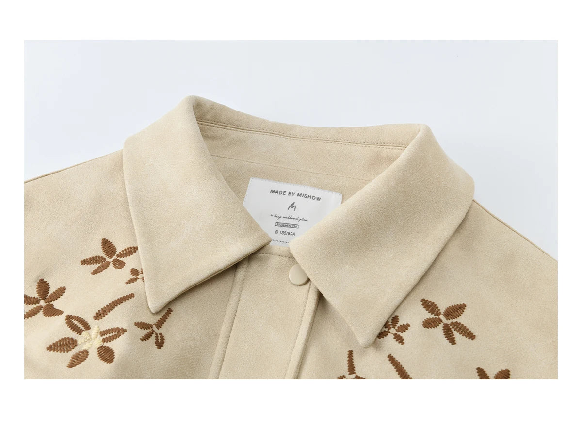MISHOW Imitation Suede Jacket Floral Embroidery Lapel Zipper MXF11W1027