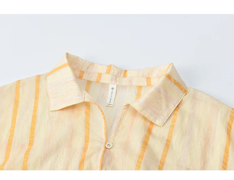 MISHOW Orange Stripe Linen Shirt Lapel Collar Lace Trim Cuffs MXE43C2379