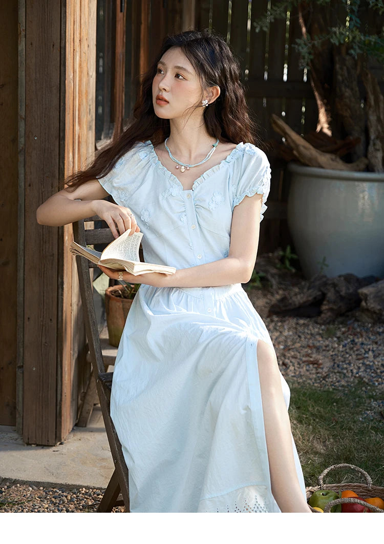 Mishow V-Neck Mushroom Edge Embroidery Button Dress MXE39L2407