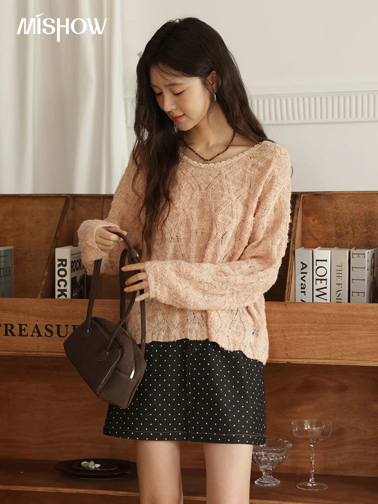 Mishow Bamboo Loop Yarn Hollow V-Neck Lace Sweater MXE43Z1349