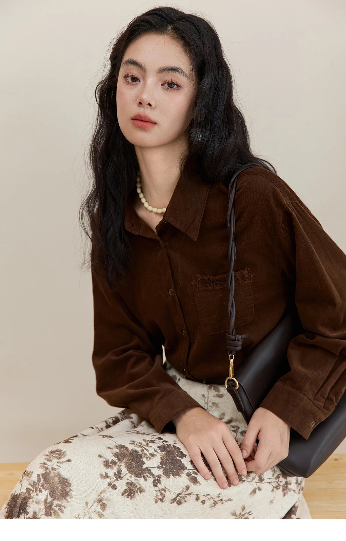MISHOW Brown Corduroy Shirt Raw Edge Pocket MXE47C2419