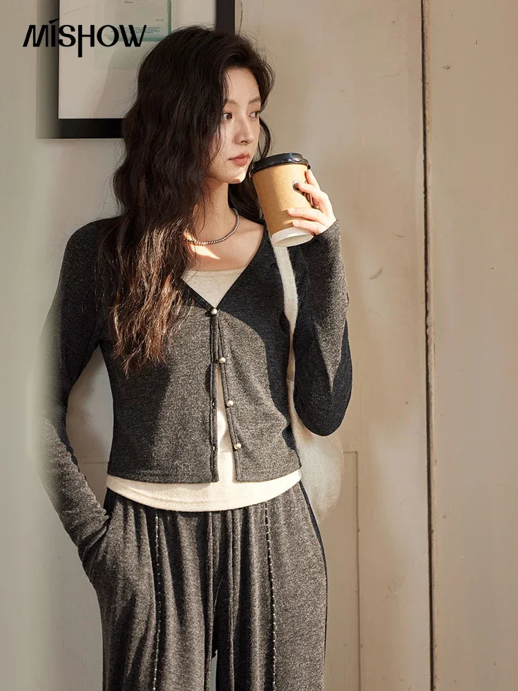 Mishow False Two-Piece Splicing Knit Top & Wide Leg Pants Set MXD35Z0877