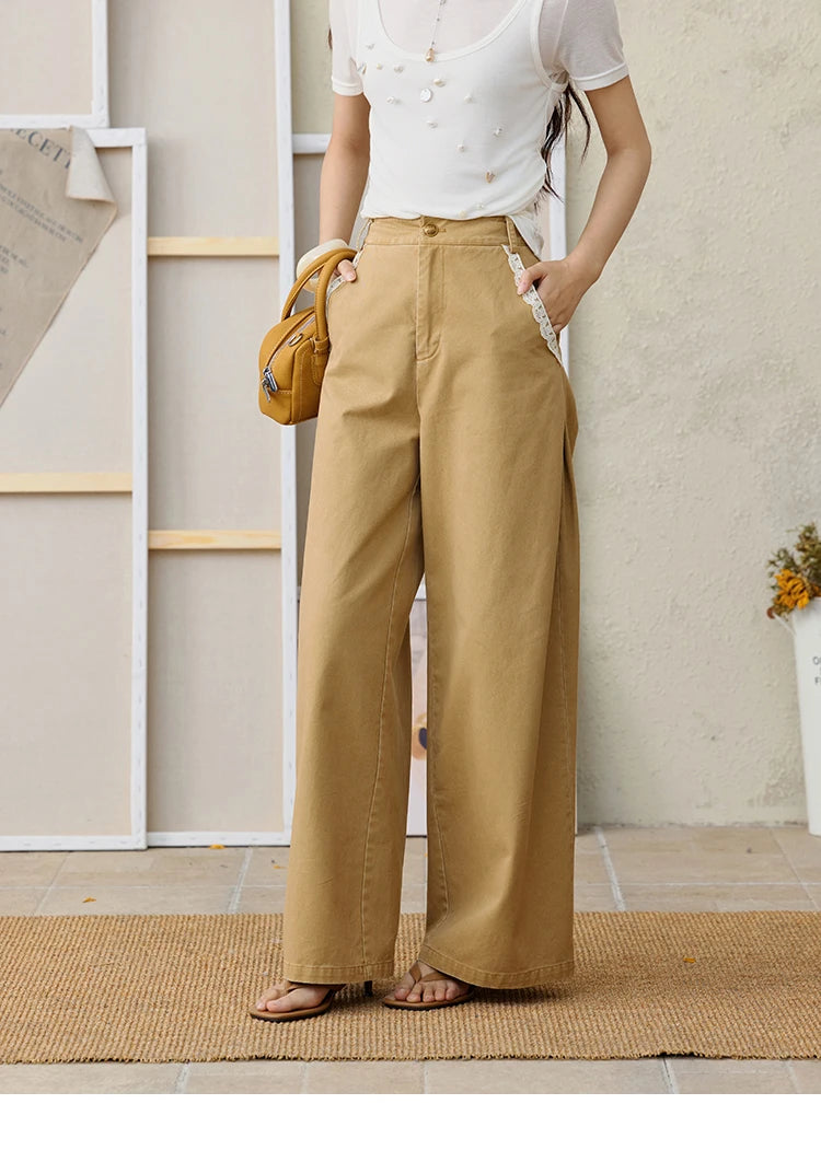 MISHOW Cotton Khaki Lace Patchwork Wide Leg Pants High Waist MXE34K0925