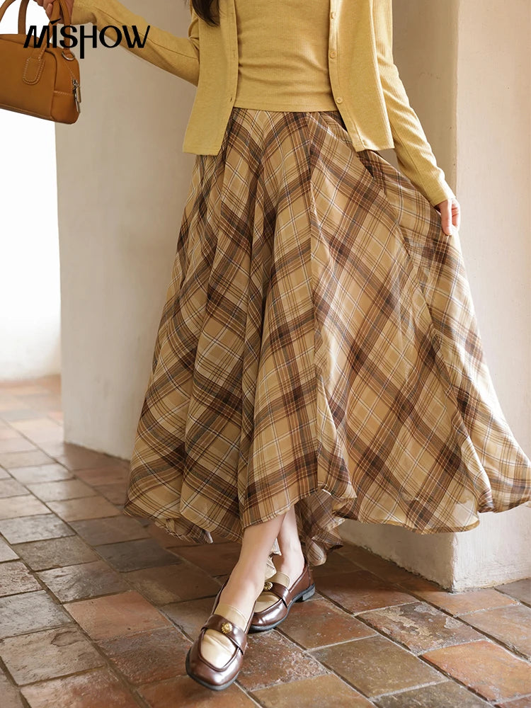 MISHOW Coffee Plaid Skirt Asymmetrical Hem Side Zipper A-Line MXE42B2377