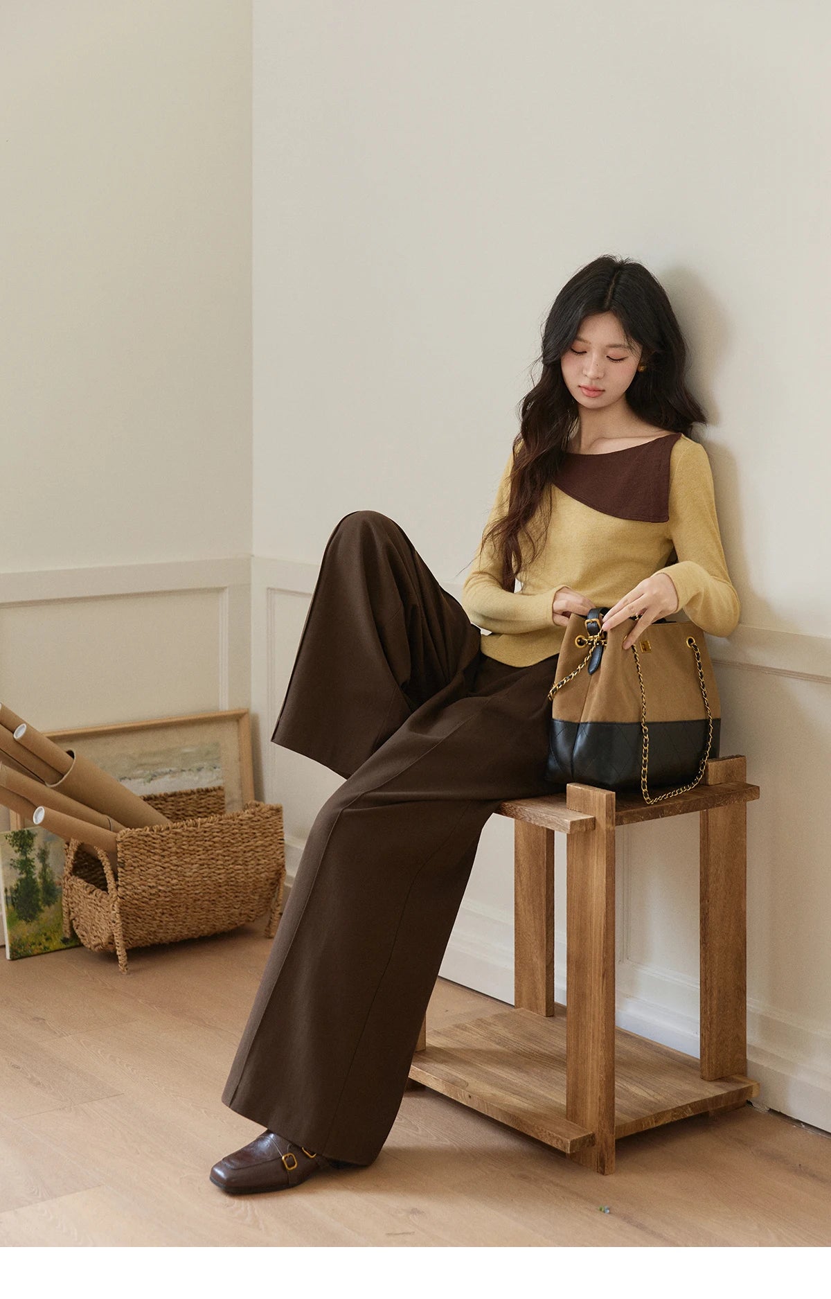 Mishow Yellow Brown Contrast Oblique Collar Knit Top MXF11Z2911