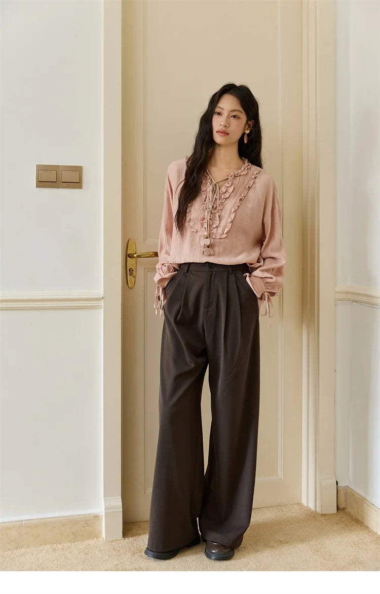 MISHOW Pink Blouse V-Neck Bubble Sleeve Fold Edge MXE45X2485