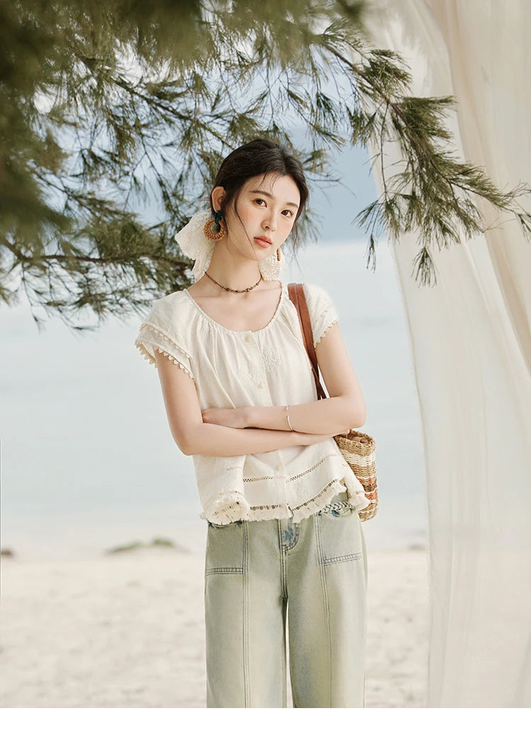 MISHOW Embroidered French Shirt Round Neck Short Sleeve MXE33X1744