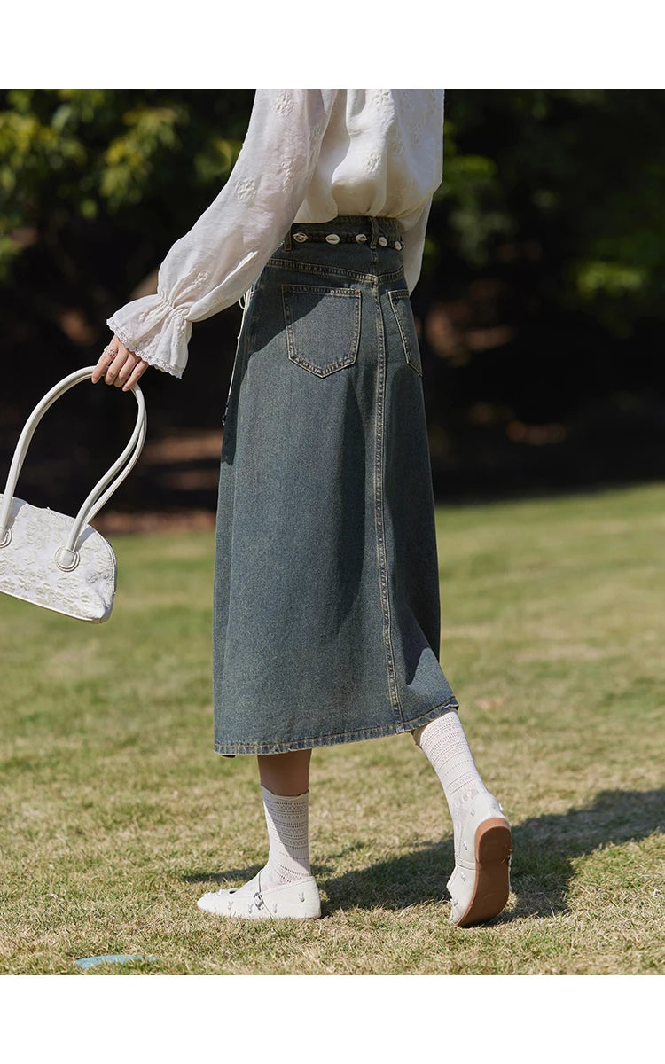 Mishow Korean Denim Vest Coat & Slim A-Line Midi Skirt Set MXE13W0731