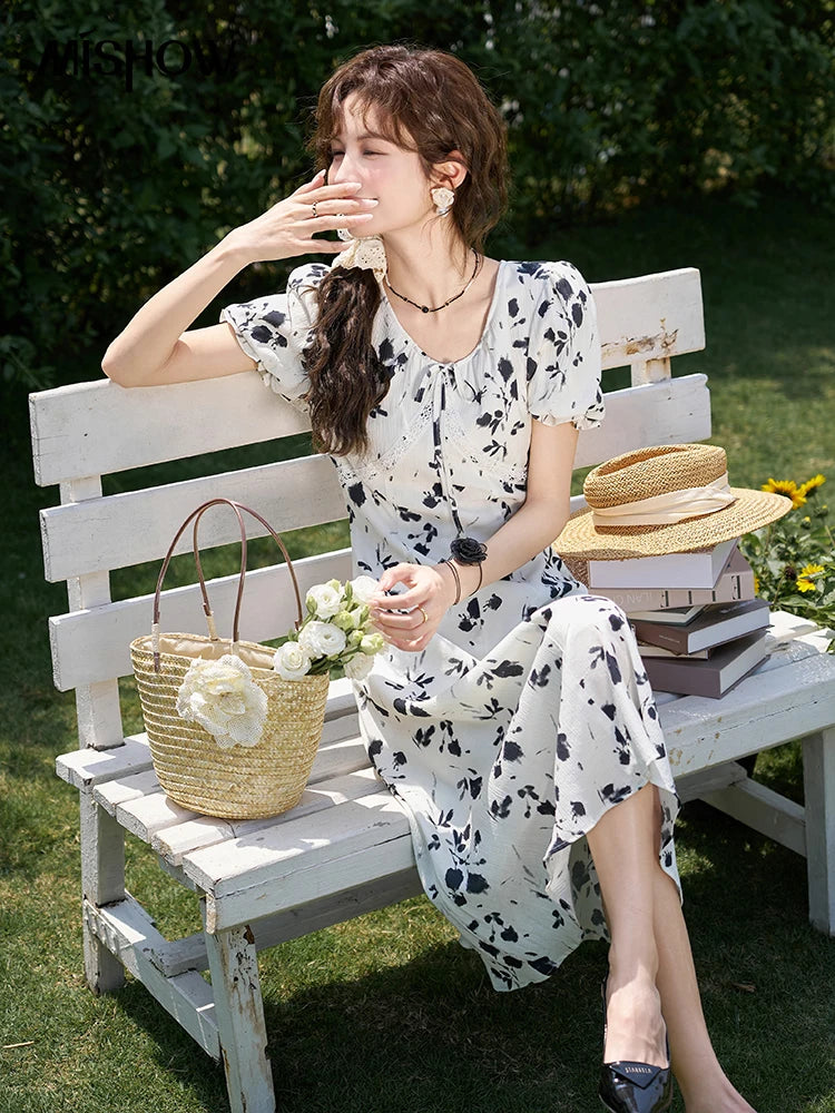 Mishow Lace-Up U-Neck Bubble Sleeve Floral Dress MXD14L1765