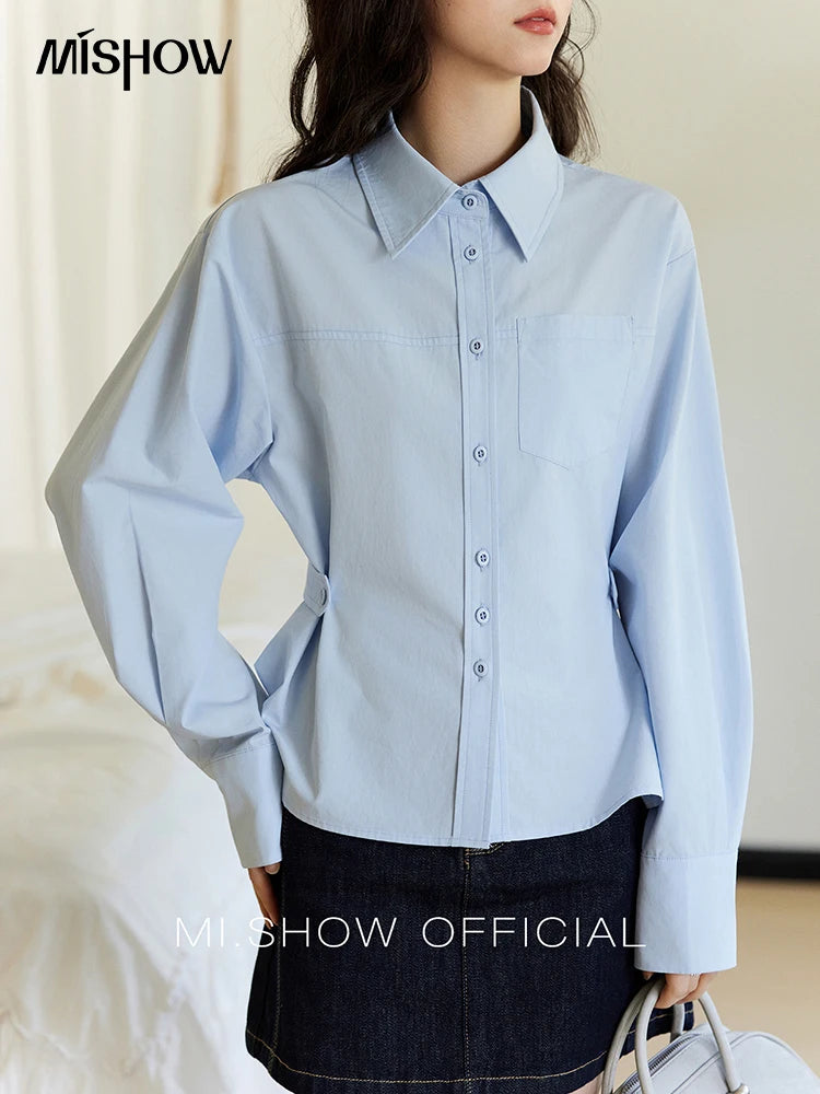 MISHOW Women's French Blue Shirt Polo Collar Waist Pocket MXE14C0753