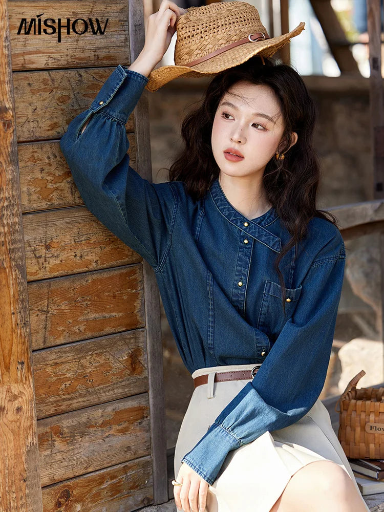 MISHOW 100% Cotton Denim Shirt O-Neck Loose Fit MXE12C0384